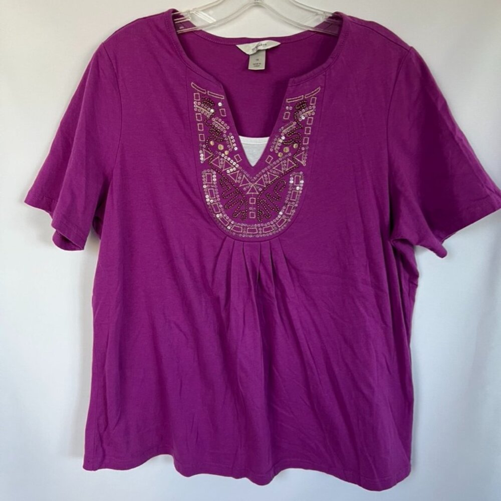 CJ Banks Womens Short Sleeve Beaded Sequin‎ V-Neck Purple Top 1X